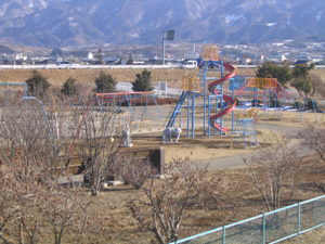 中央市田富ふるさと公園の遠景写真。広場にとても大きな滑り台やブランコなど、さまざまな遊具のある公園です。