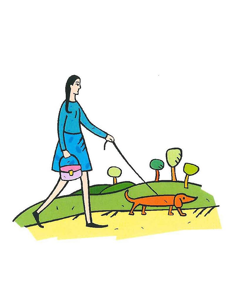 公園で犬を散歩させる女性のイラスト。